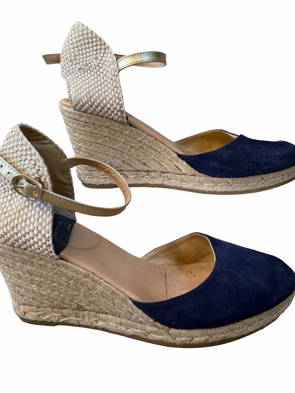 Gaimo Navy Suede Espadrille Wedge Sandals with Metallic Ankle Strap EU 41 US 10